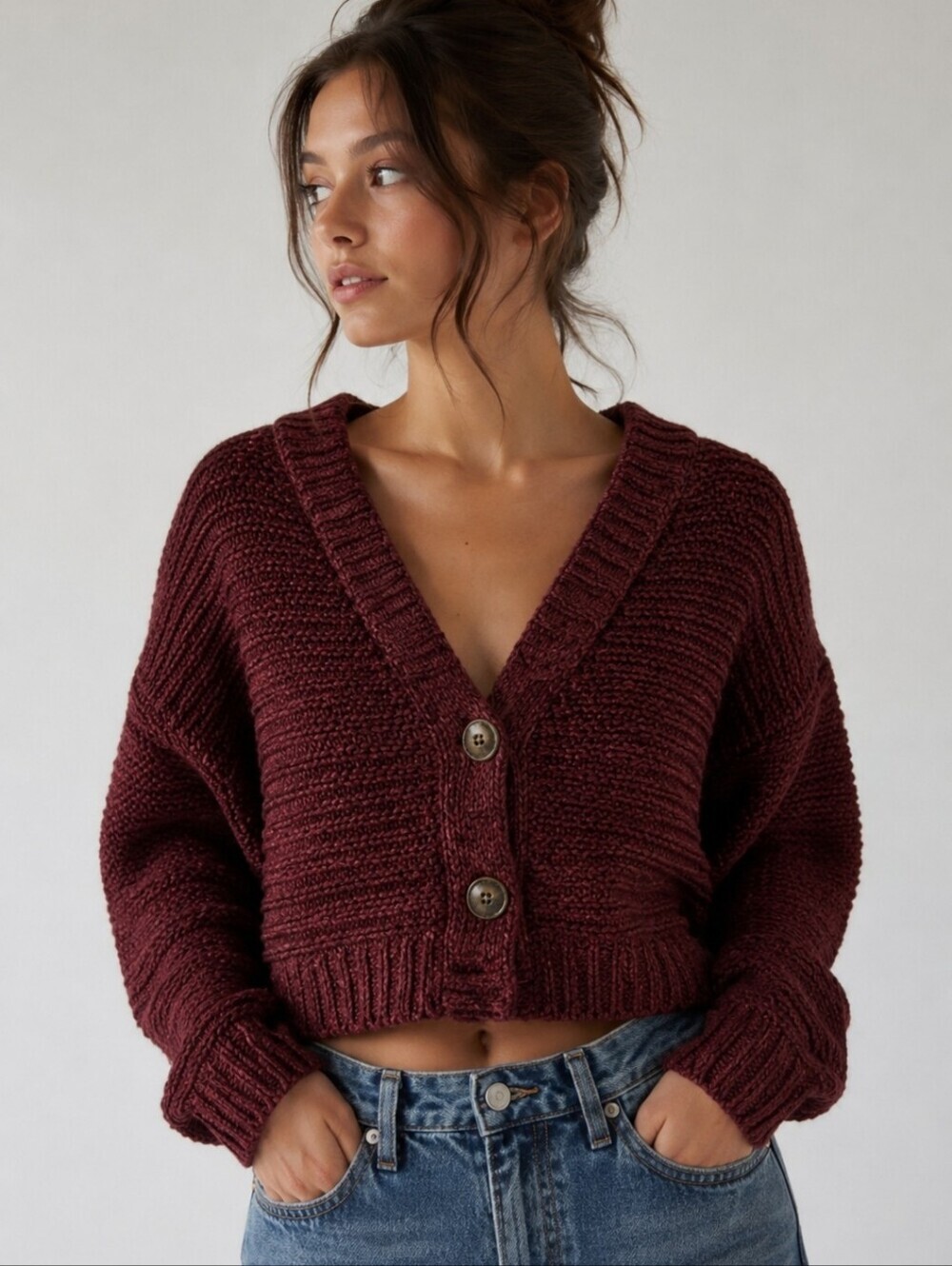 Urban Outfitters Maroon Chunky Knit Cropped Cardigan Size S